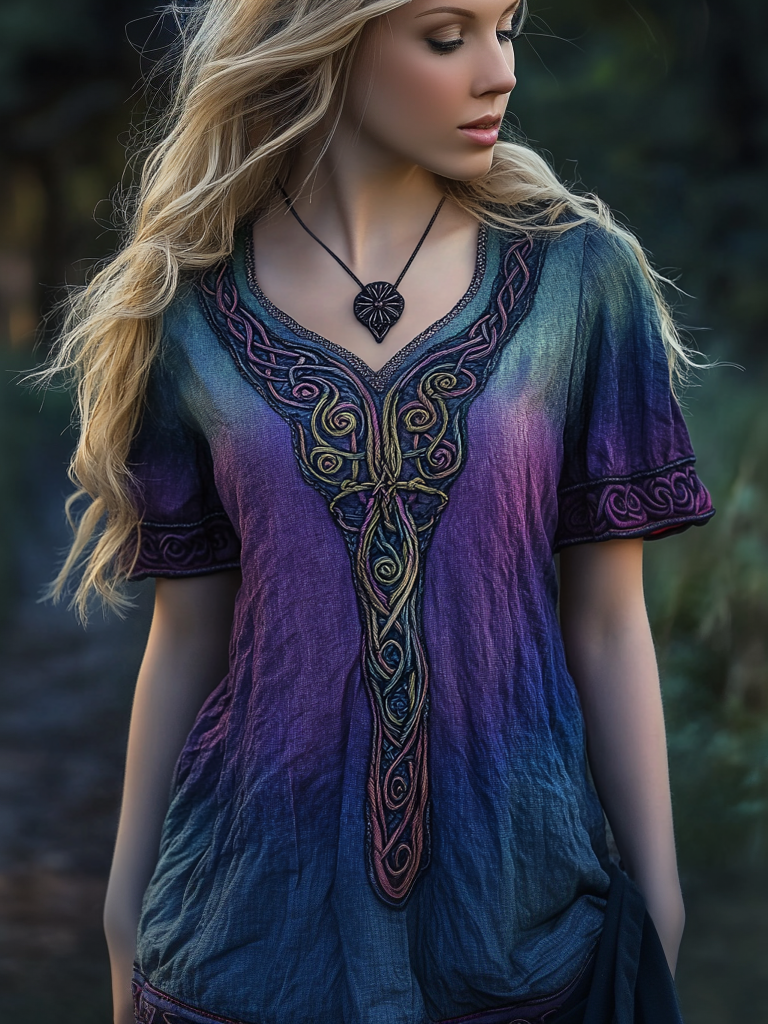 Vintage Viking Celtic Knot Gradient Embroidery Art Women's Linen T Shirt