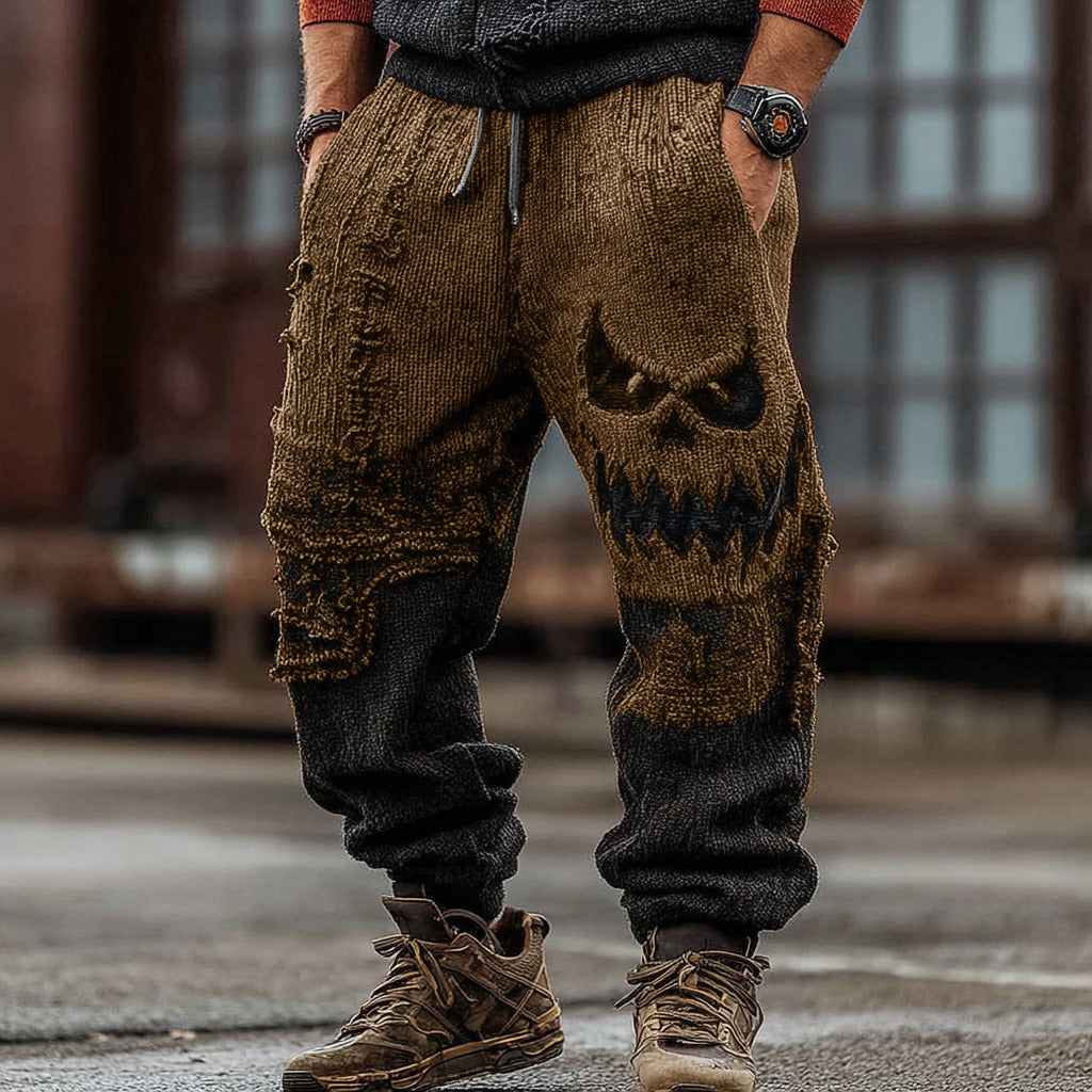 Men's Halloween Spooky Face Gradient Inspired Knitted Distressed Knit Casual Long Pants