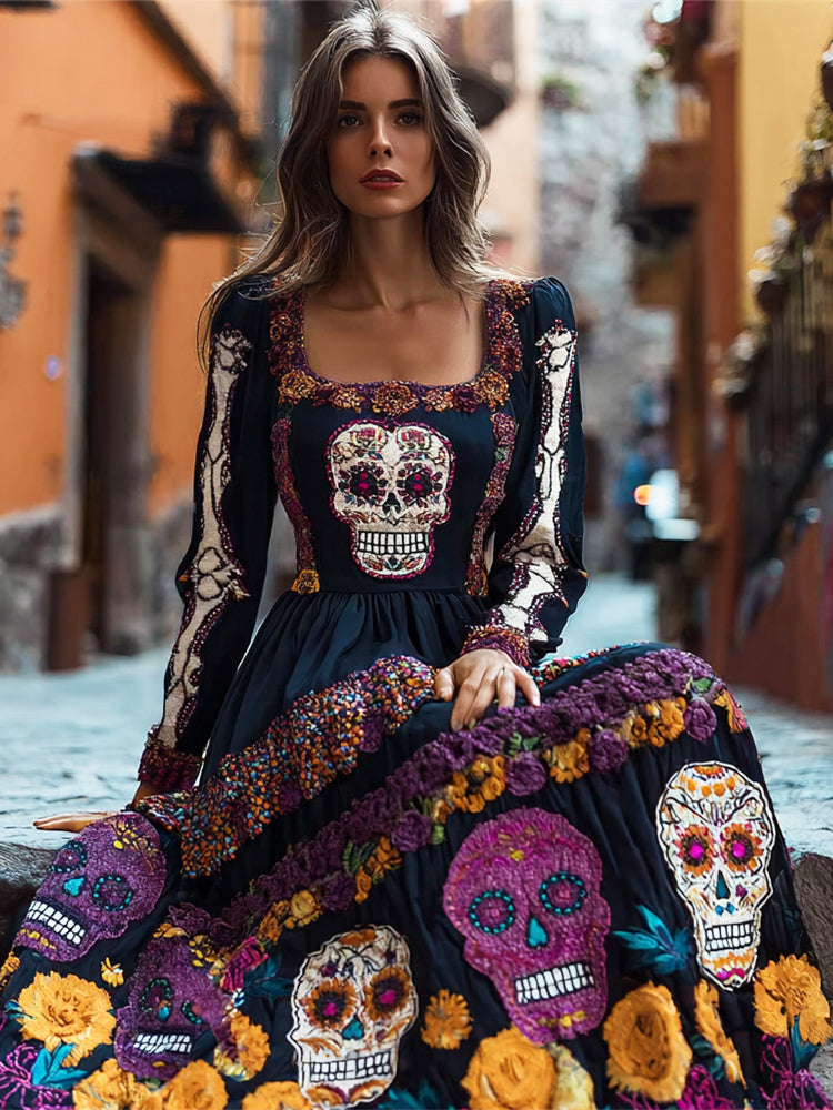 Mexican Skull Floral Embroidered Women's Long-sleeved Flowing Maxi Dress