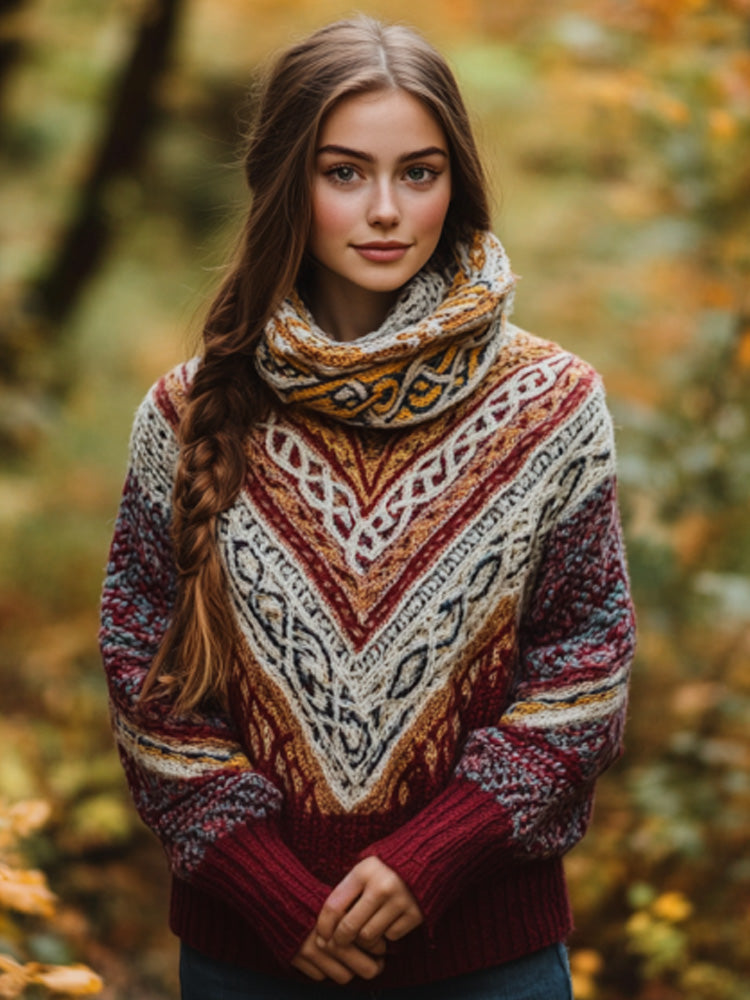 Women's Irish Rainbow Pattern Jacquard Pocket Cozy Sweater