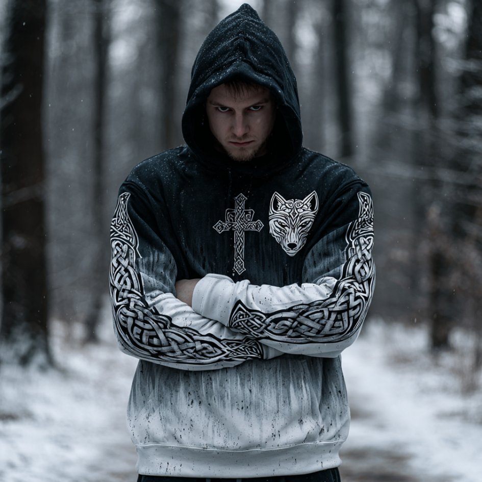 Vintage Viking Style Snow Wolf Print Men's Hooded Sweatshirt