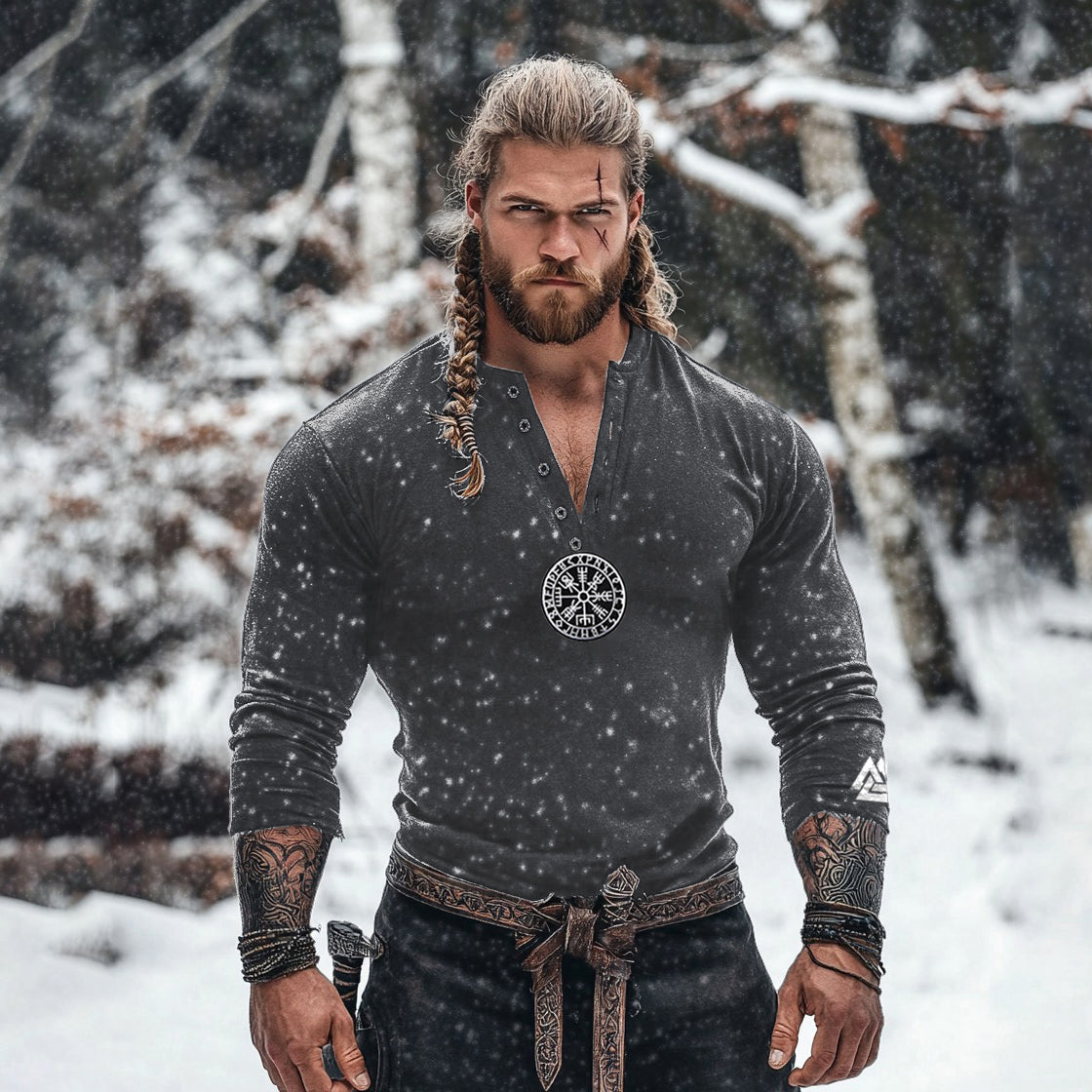 Men's Tribal Viking Runes Graphics Henley Collar Long Sleeves Basic T-shirt