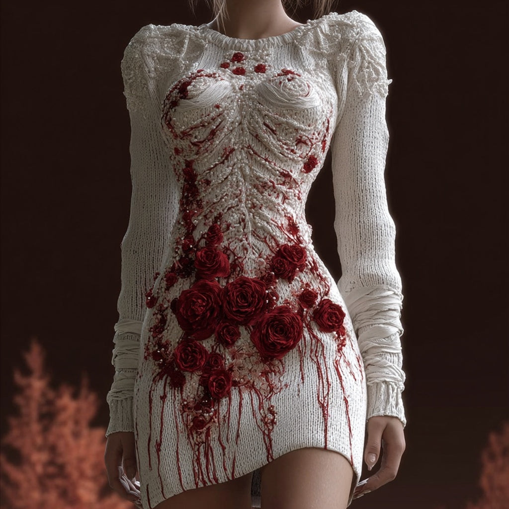 Bloody Bandages Roses Embroidered Cozy Sweater Dress