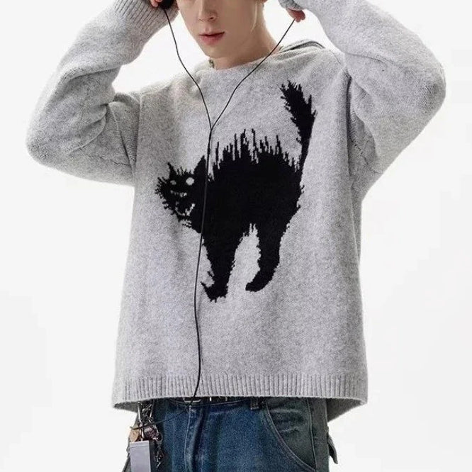 Unisex Scaring Black Cat Jacquard Art Knit Cozy Unisex Hooded Sweater