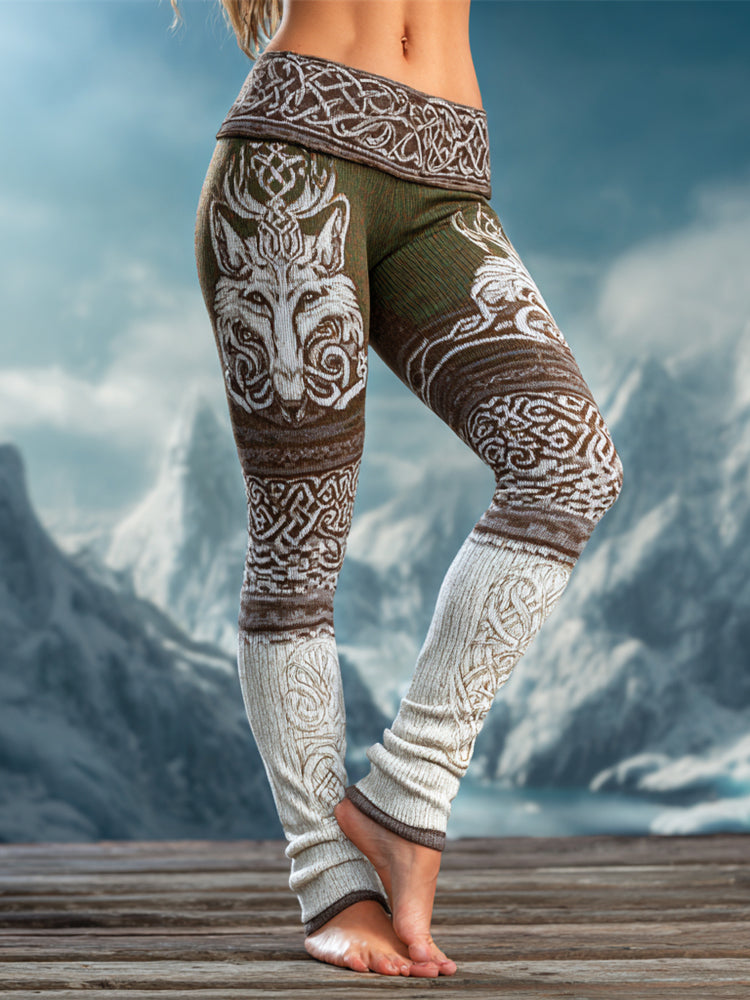 Vintage Viking Celtic Knot & Wolf Totem Women's Knit Leggings