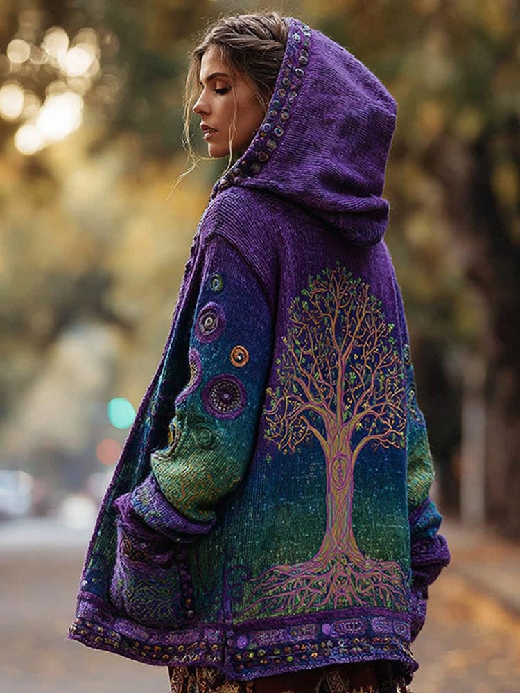 Women's Vintage Boho Tree Of Life And Floral Pattern Button-down Knitted Cardigan