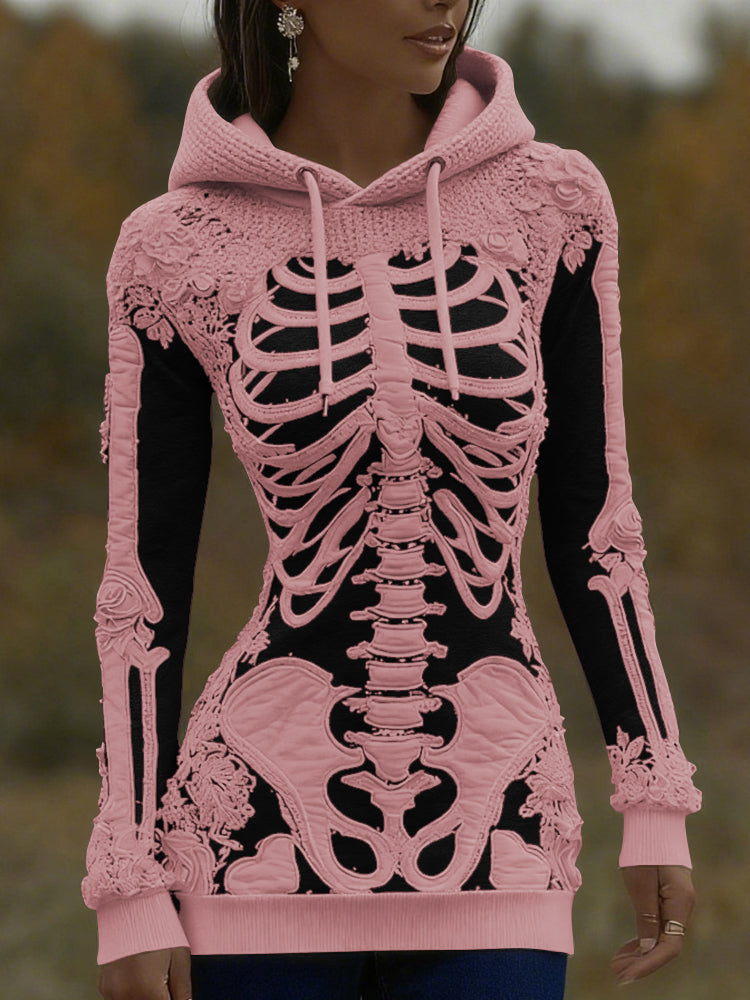 Women's Halloween Skeleton Bones With Roses Art Knitted Warm Hooded Sweater