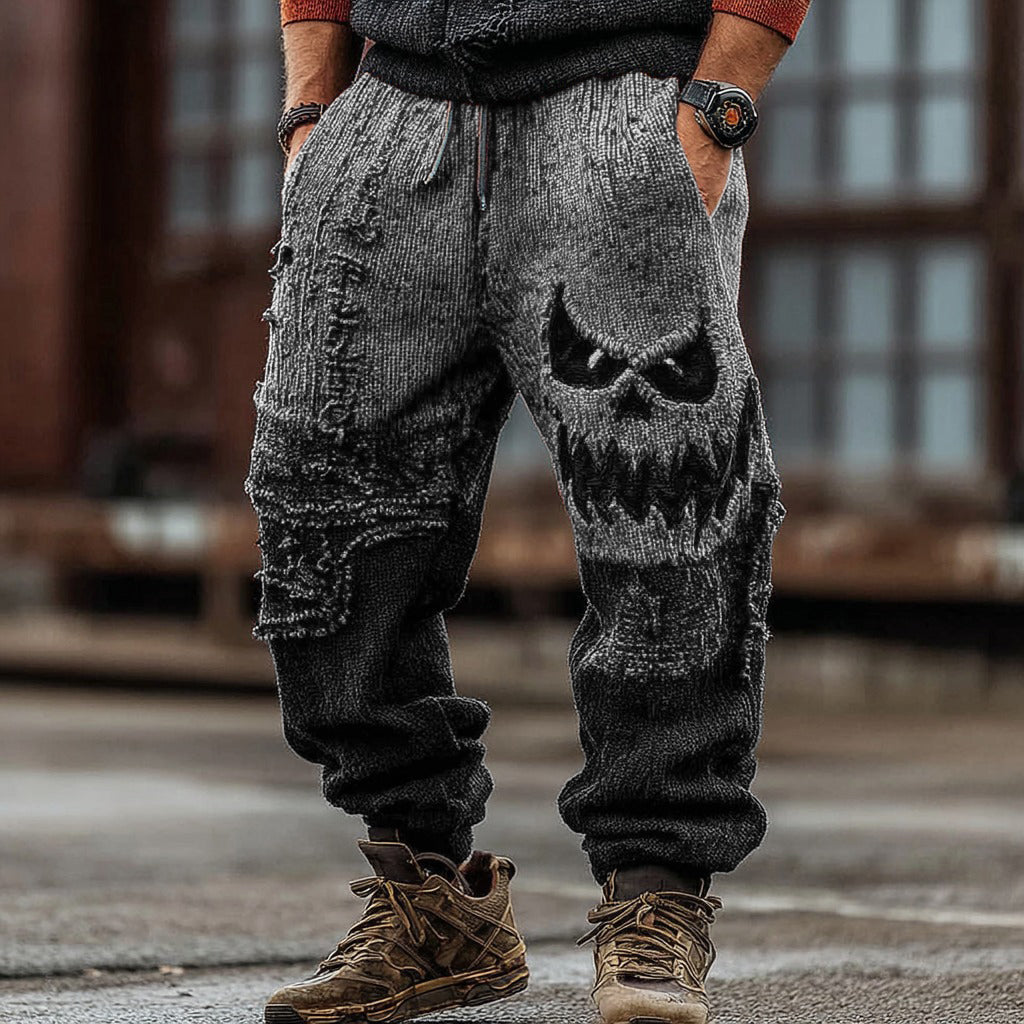 Men's Halloween Spooky Face Gradient Inspired Knitted Distressed Knit Casual Long Pants