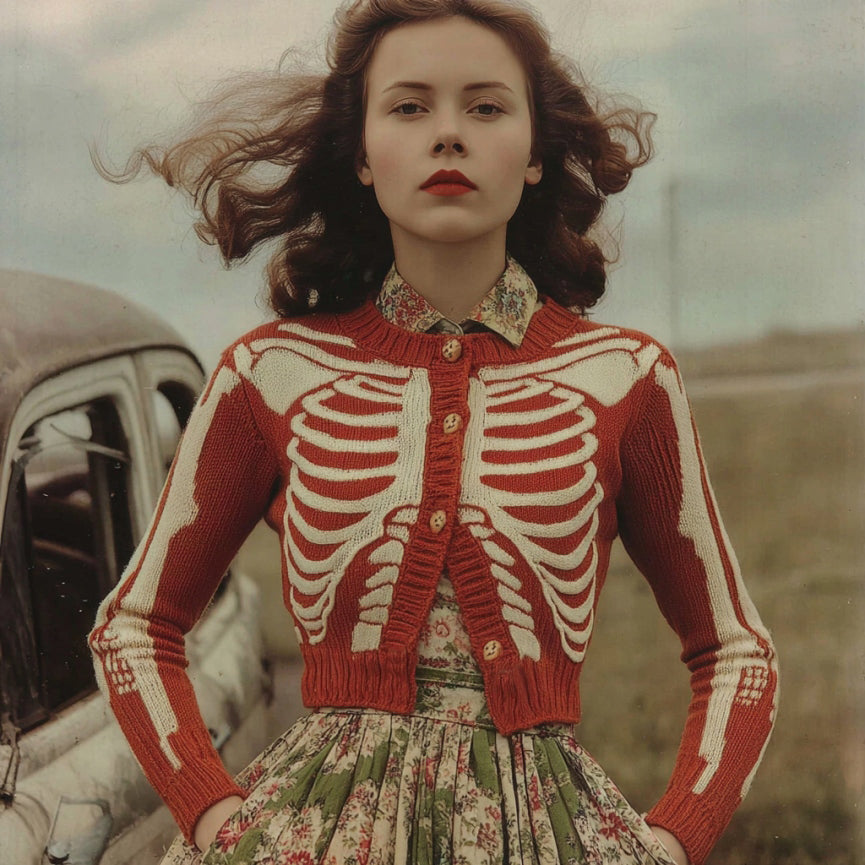 Women's Vintage Skull Ribs Pattern Cozy Knit Sweater Cardigan