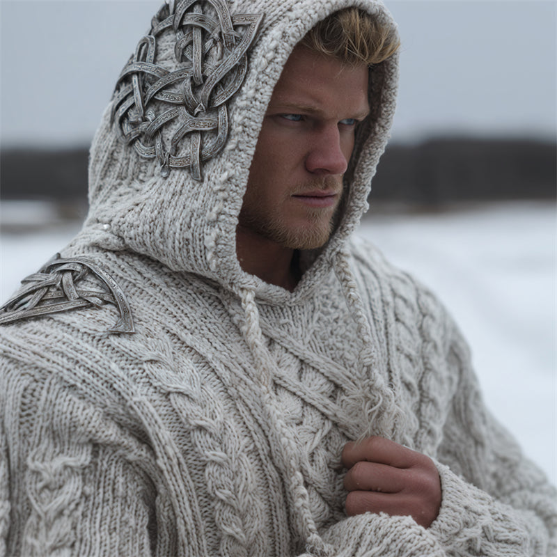 Men's Vintage Silver Viking Celtic Knot Cozy Chunky Hooded Sweater