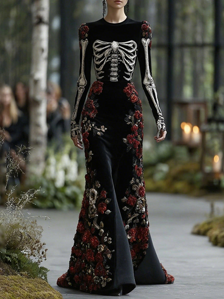 Women's Elegant Retro Rose Skull Pattern Round Neck Long Sleeve Maxi Dress