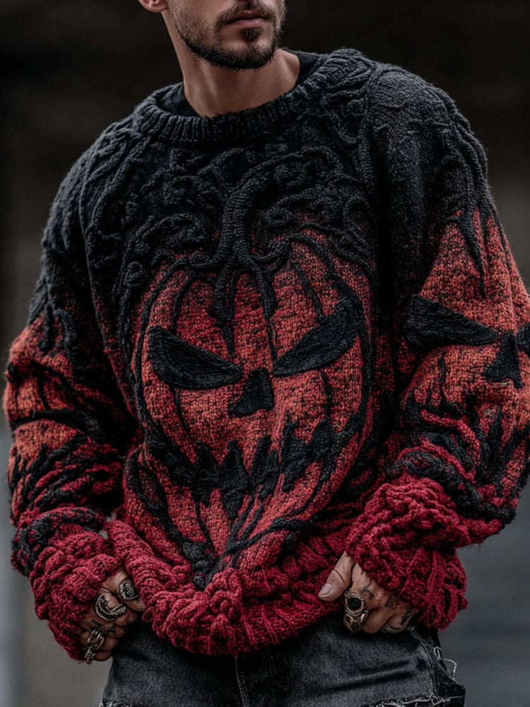 Men's Halloween Pumpkin Face Knit Pullover Sweater