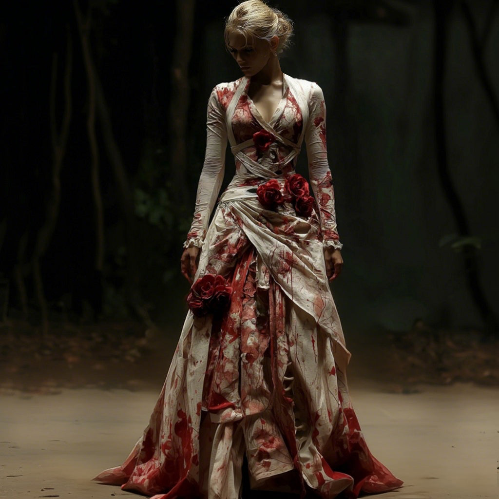 Women's Vintage Rose Bloody Bride Bandage Inspired Halloween Maxi Dress