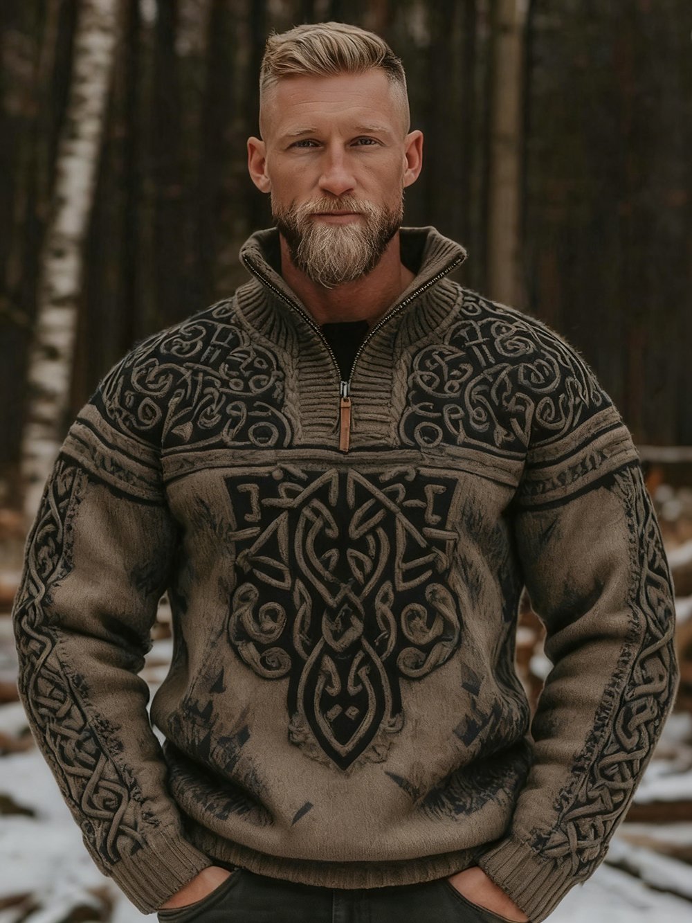 Men's Viking Celtic Art Knit Zipped High Neck Sweater