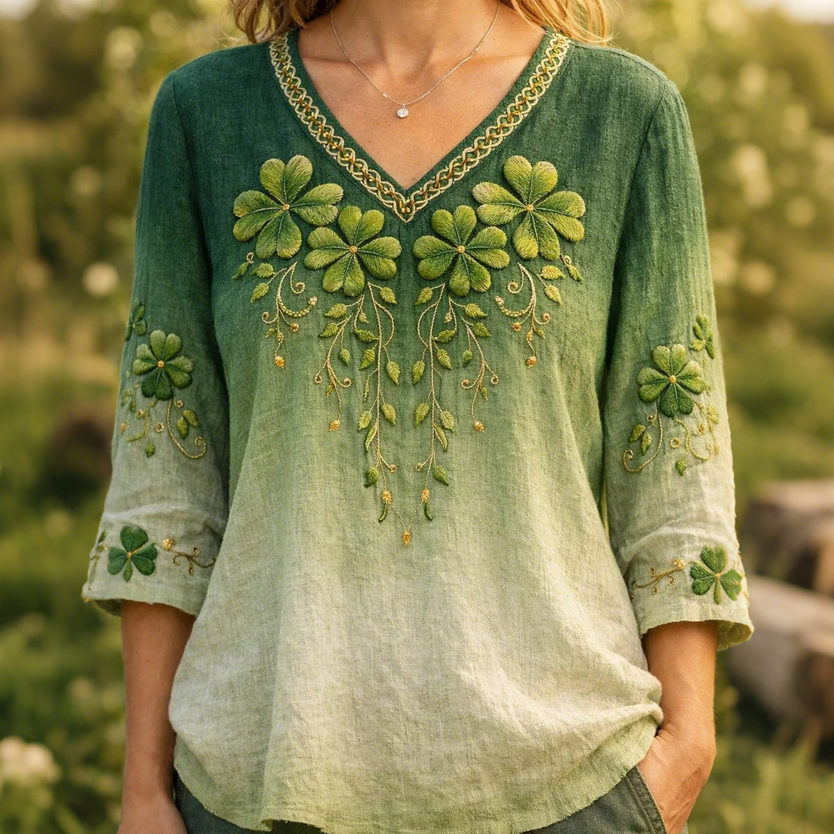 Women's Vintage St Patrick's Day Shamrock With Celtic Knot Art Loose And Comfortable Cotton And Linen V Neck Shirt
