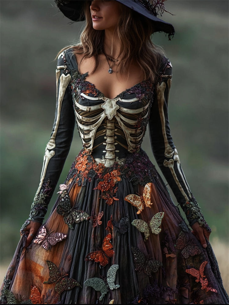 Halloween Skeleton Colorful Butterflies Linen Maxi Dress