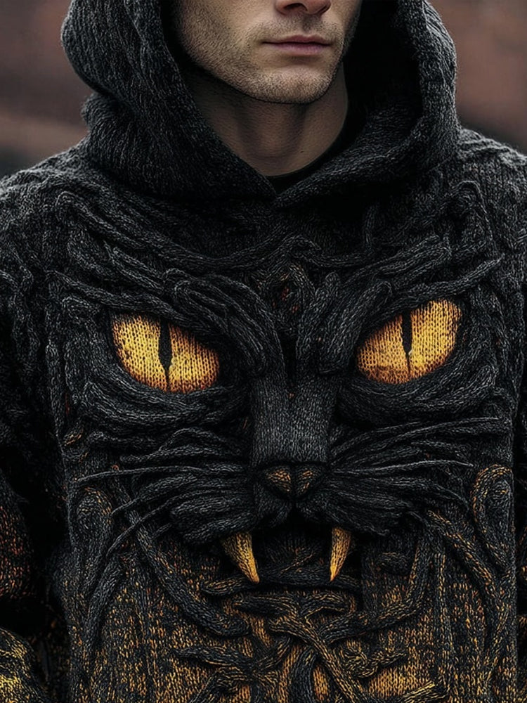 Men's Spooky Devil Black Cat Halloween Chunky Hooded Sweater