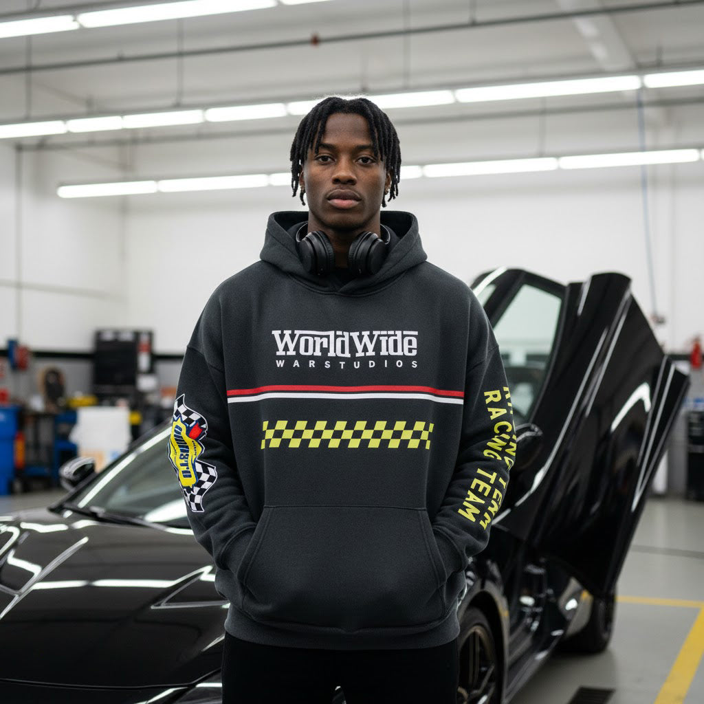 Vintage Washed And Distressed Racing-themed Loose-fitting Hoodie