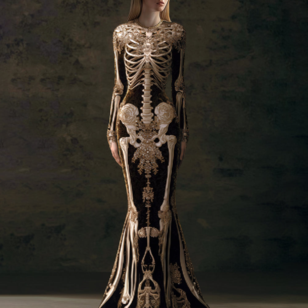 Women's Halloween Retro Human Anatomy Art And Flower Gothic Knight Style Velvet Long Dress