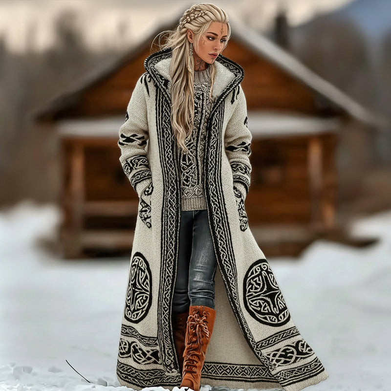 Women's Vintage Celtic Knot Style Knitted Jacquard Long Hooded Cardigan
