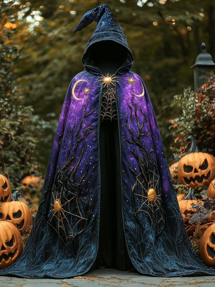 Star, Moon And Spider Web Embroidered Gradient Cape