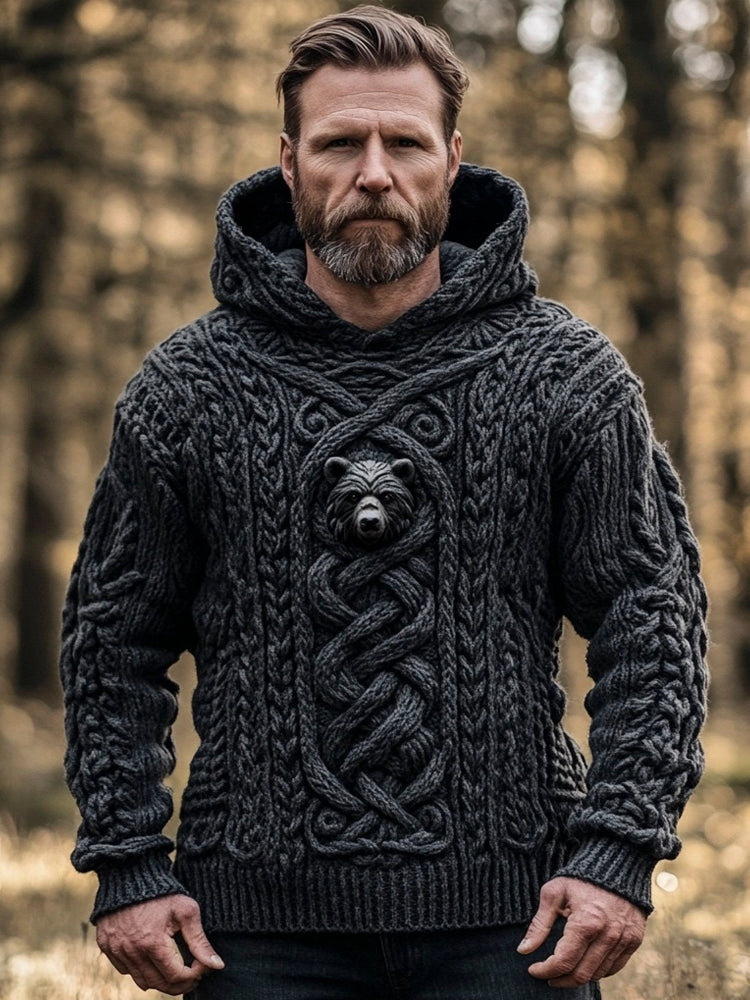 Bear & Celtic Knot Knit Pattern Men's Hooded Sweater