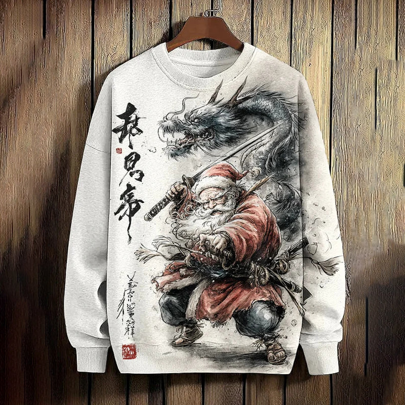 Men's Fighting Dragon And Santa Claus Ink Wash Art Print Sweatshirt