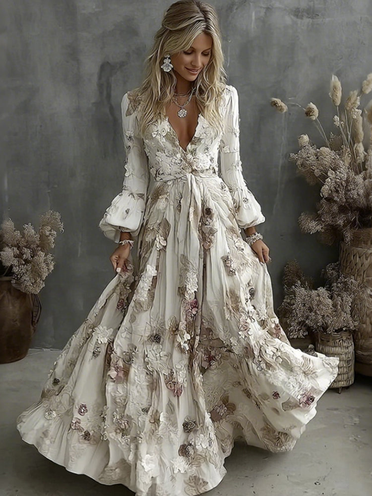 Women's Vintage Floral Pattern V Neck Casual Maxi Dress