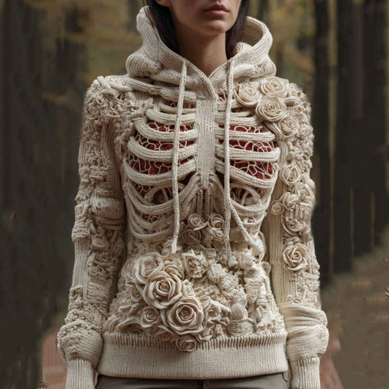 Women's Vintage Skeleton And Floral Knit Hooded Sweater