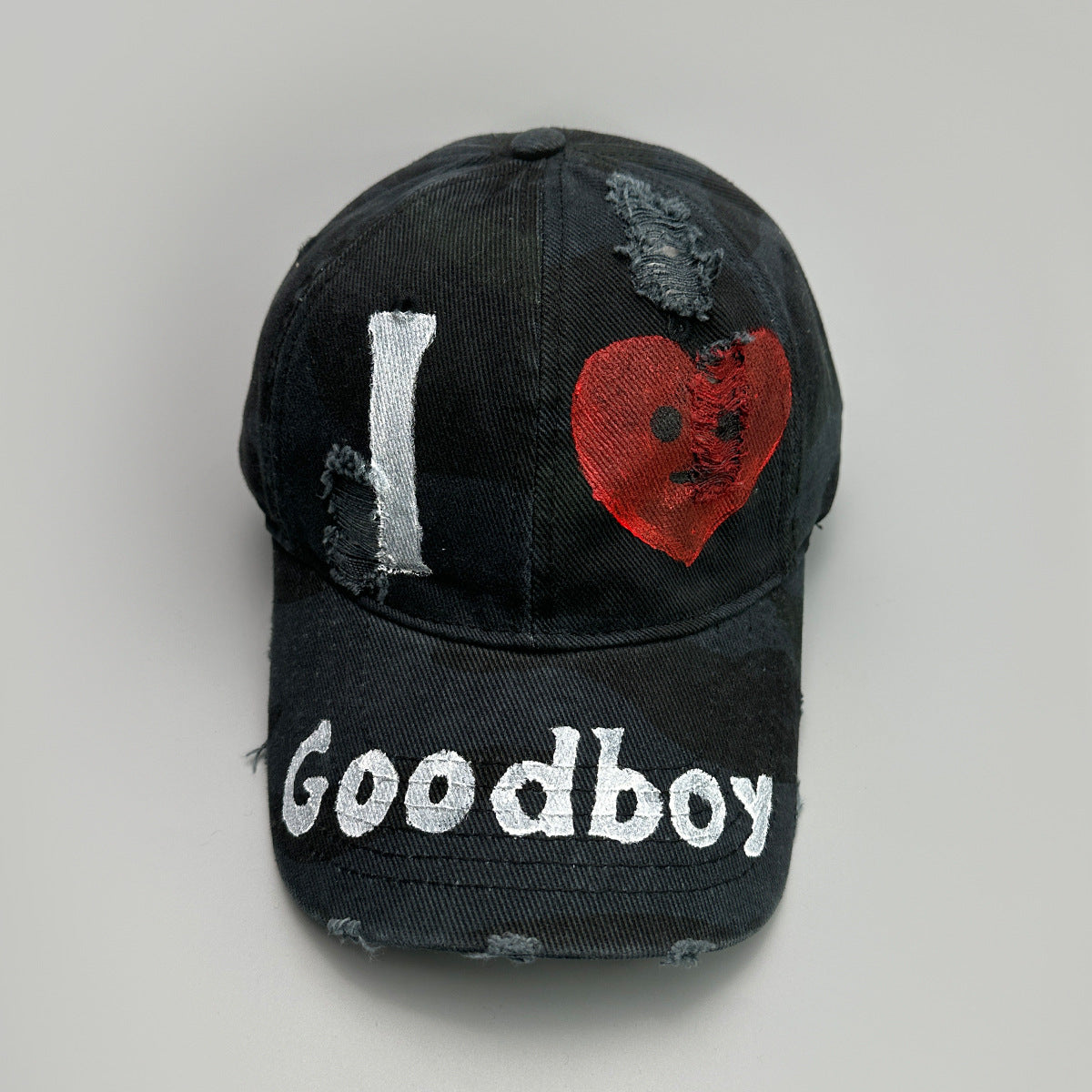 American-style Good Boy Printed Letter Heart Distressed Camouflage Baseball Cap