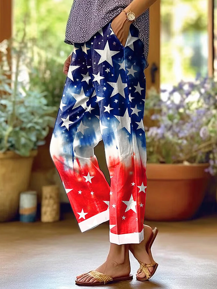 Women's Independence Day Retro Gradient Star Design Printed Loose Pocket Patchwork Casual Pants