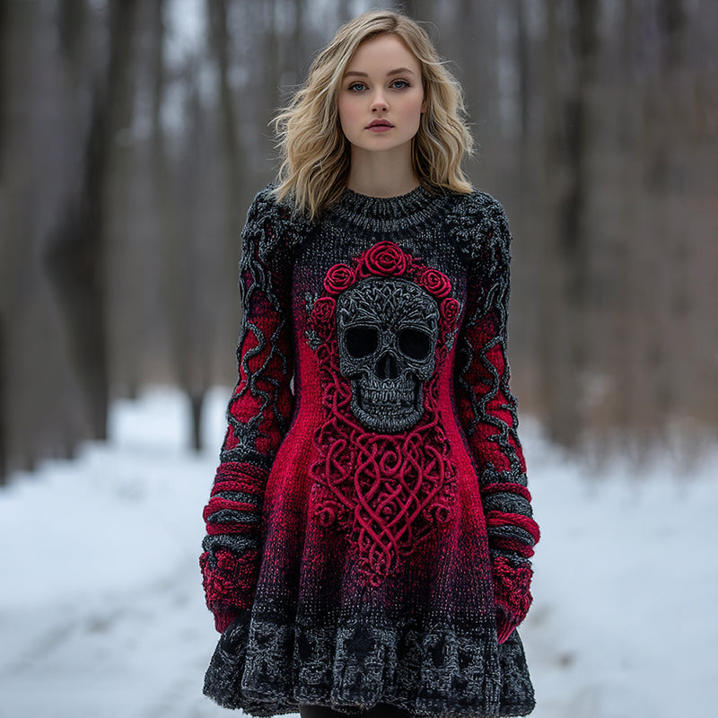 Vintage Celtic Skull Gradient Cozy Knit Sweater Dress
