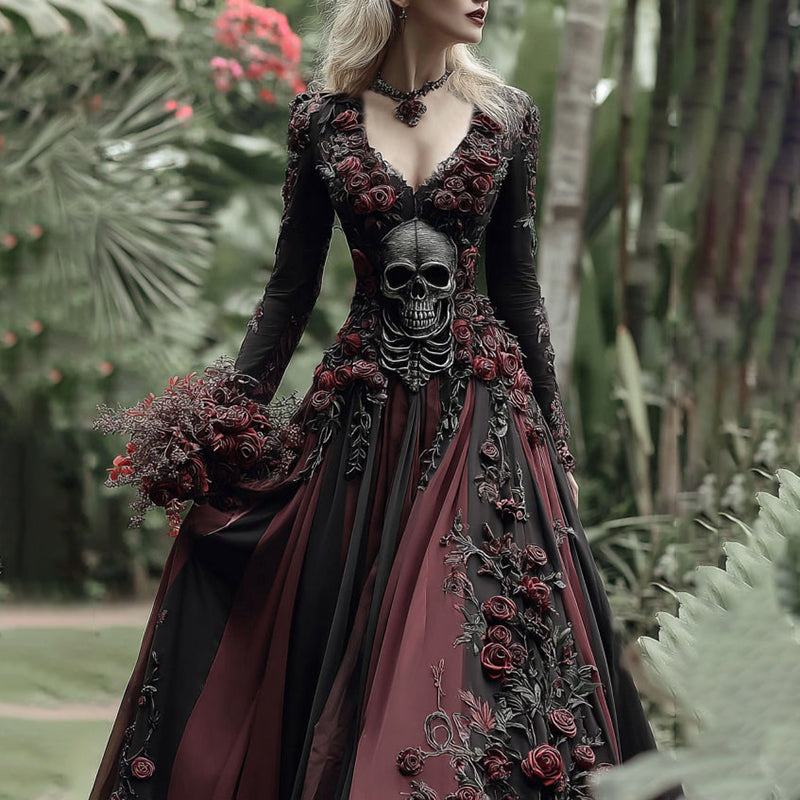 Vintage Skull Skeleton And Red Roses Flowy Linen Maxi Dress