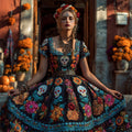 Day Of The Dead Sugar Skulls Floral Embroidered Wide Skirted Linen Dress
