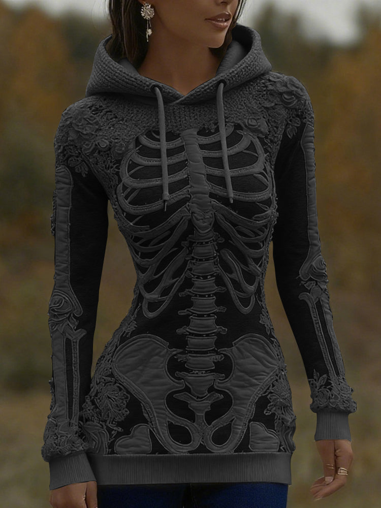 Women's Halloween Skeleton Bones With Roses Art Knitted Warm Hooded Sweater