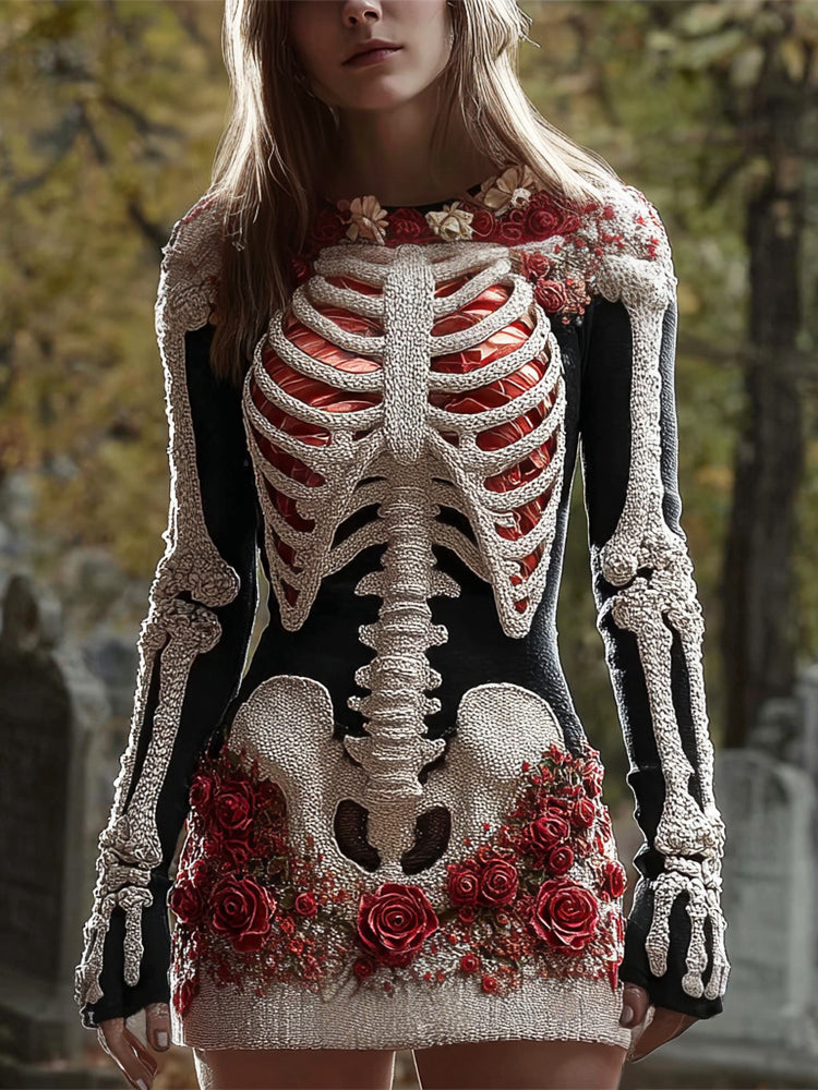 Halloween Bloody Skeleton & Floral Art Women's Knit Mini Dress