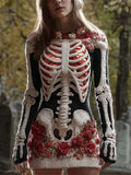 Halloween Bloody Skeleton & Floral Art Women's Knit Mini Dress