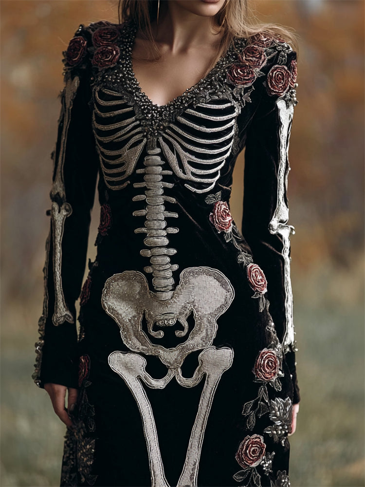 Vintage Skeleton Roses Glitter Beaded Cozy Velvet Maxi Dress