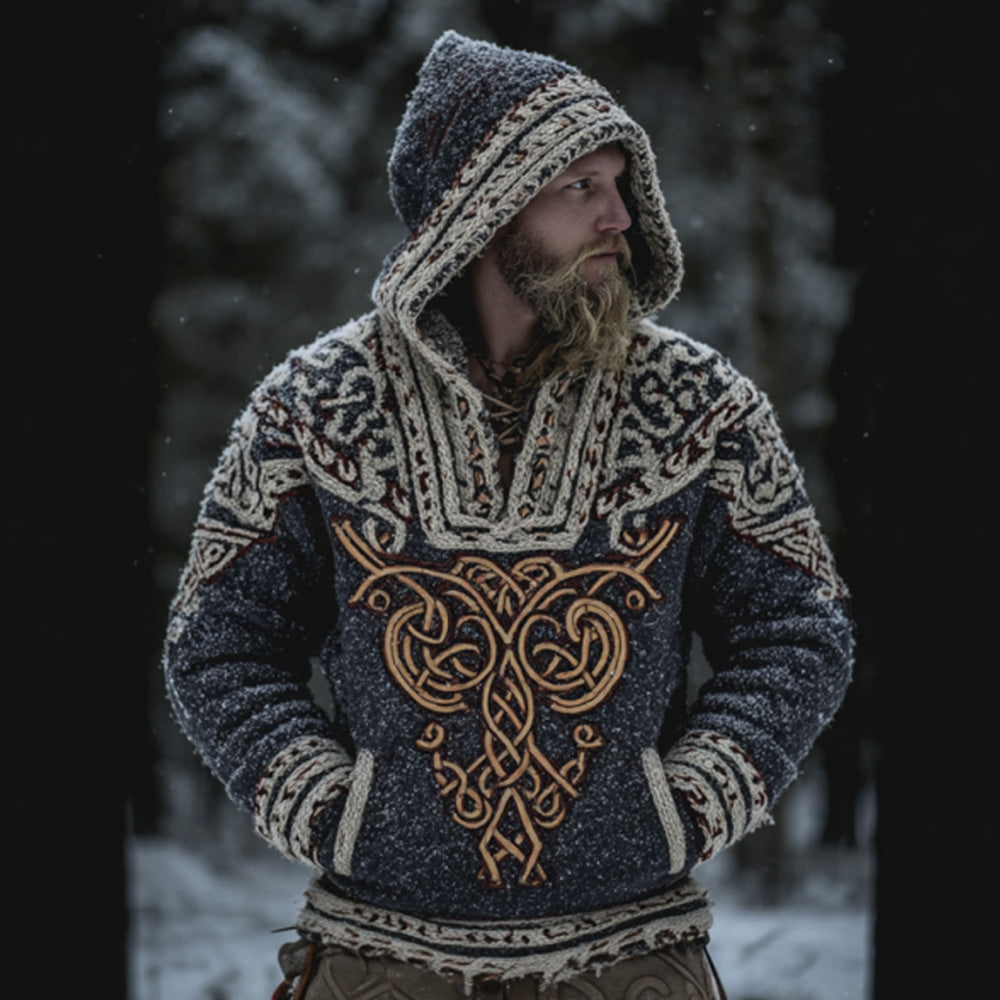 Men's Casual Viking Embroidered Print Hoodie Sweater