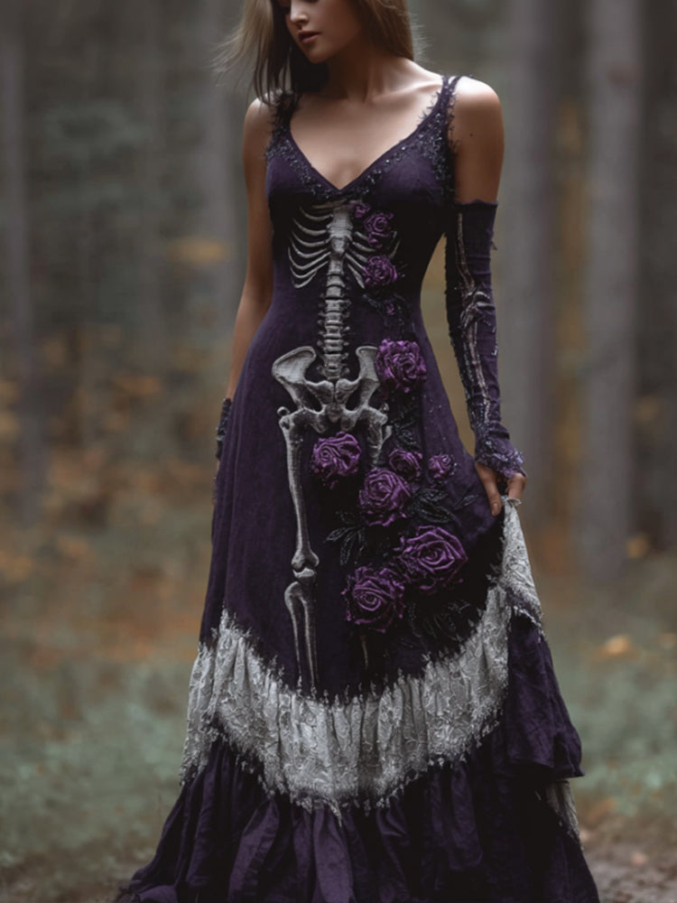 Women Halloween Skeleton Rose Night Purple Strap Making Old Dress