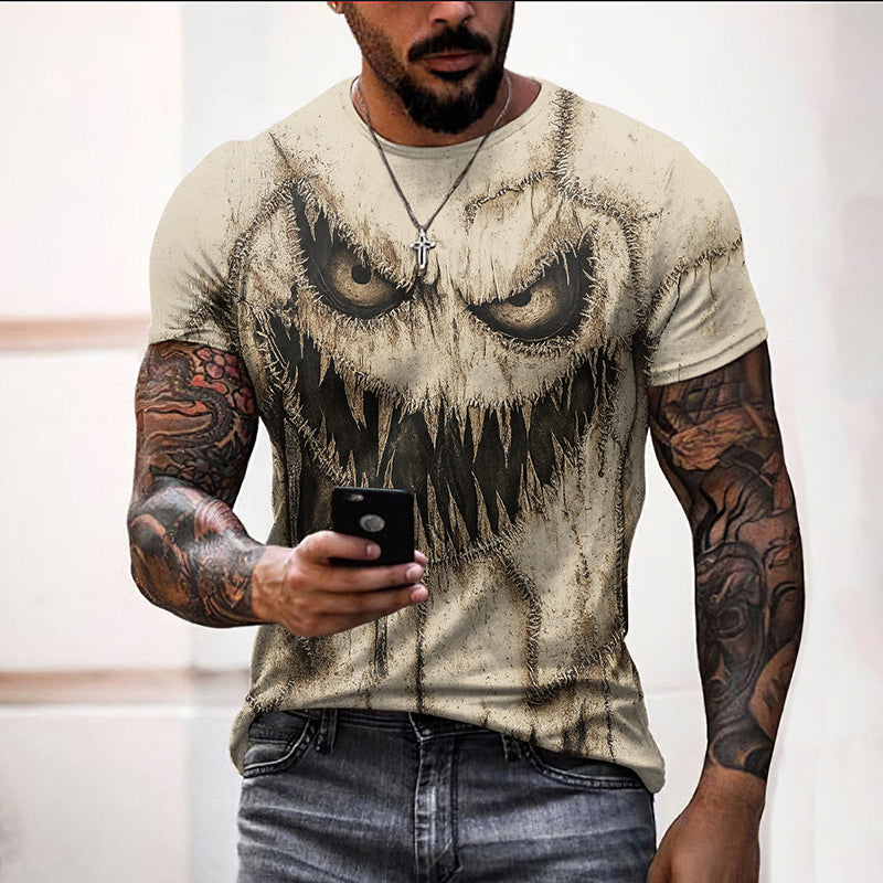 Vintage Halloween Horror Scary Face Inspired Painting Casual Linen T-shirt