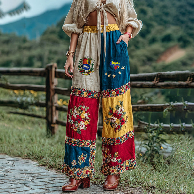 Women's Stand With Venezuela Inspired Venezuela Flag With Floral Patchwork Art Linen Blend Casual Pants
