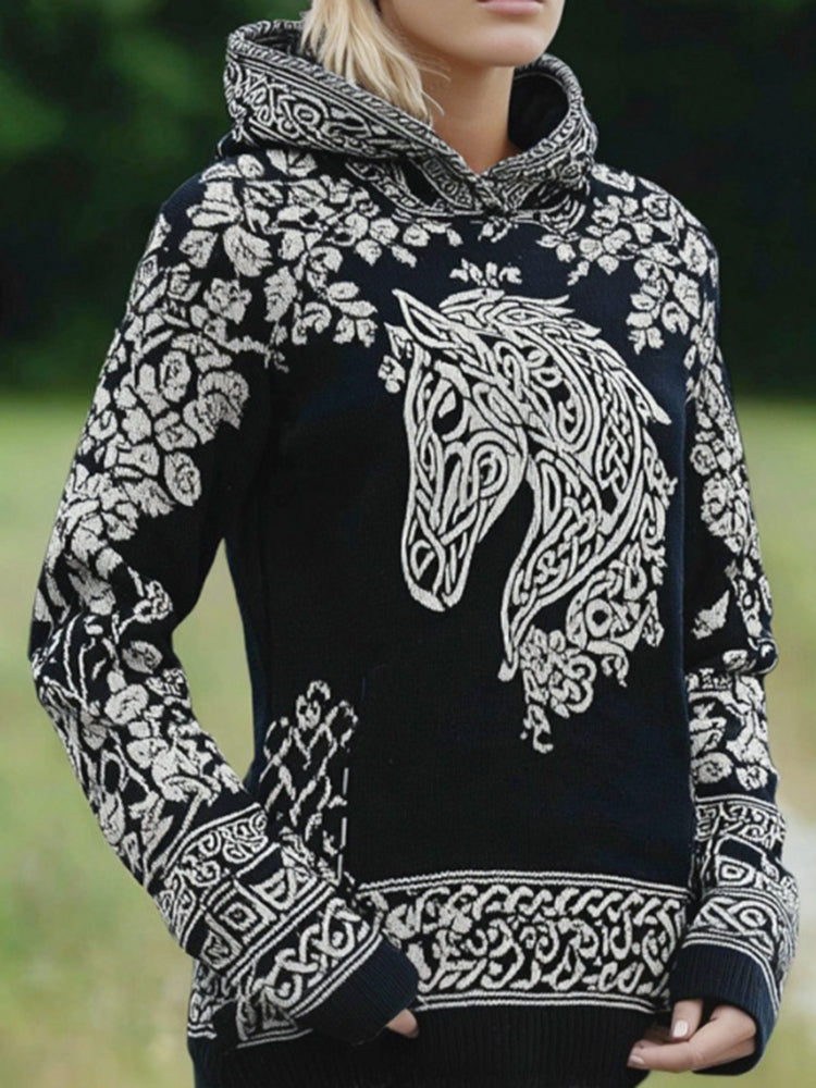 Women's Retro Celtic Horse And Floral Pattern Comfortable Hooded Sweater