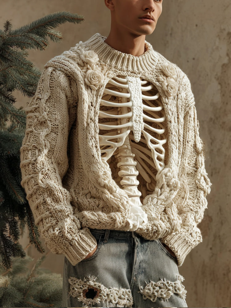 Men's Halloween Retro Anatomy Art Coarse Needle Round Neck Sweater