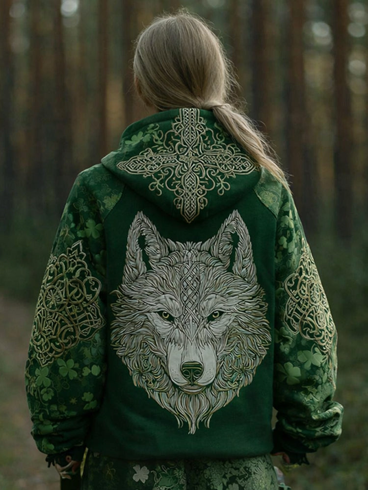 Women's Vintage Irish Viking Wolf Print Casual Hoodie
