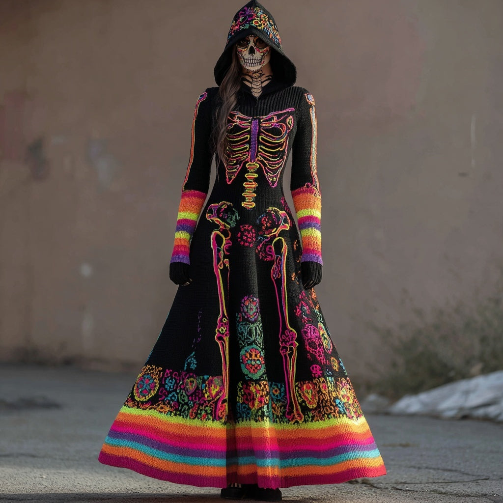 Day Of The Dead Neon Glowing Skeleton Hooded Sweater Dress