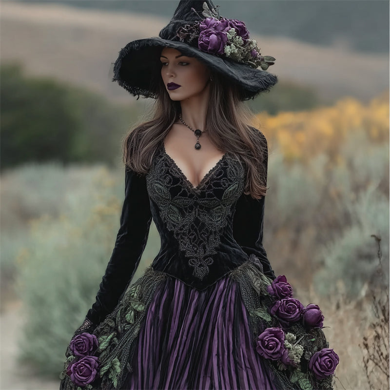 Halloween Vintage Roses Fiber Art Witch Velvet Maxi Dress