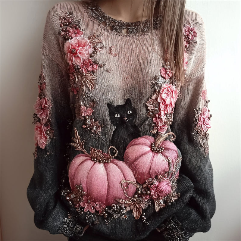 Black Cat & Pink Pumpkins Floral Gradient Knit Sweater