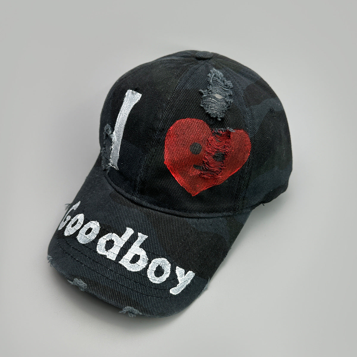 American-style Good Boy Printed Letter Heart Distressed Camouflage Baseball Cap