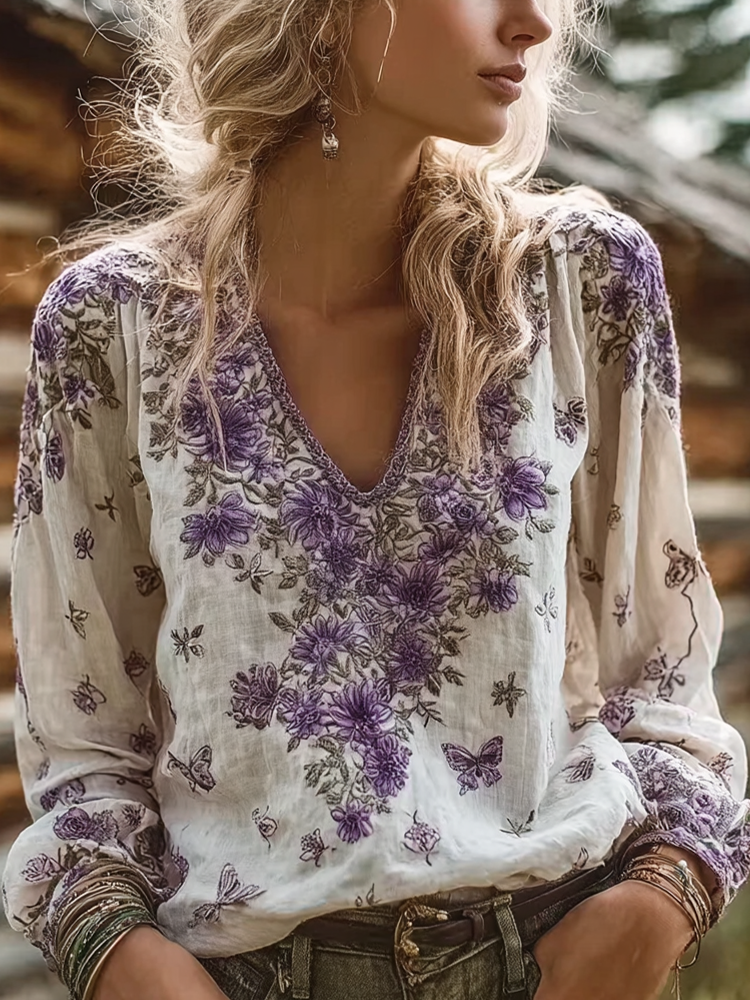 Bohemian Style Purple Flower And Butterfly Pattern Women's V-neck Top